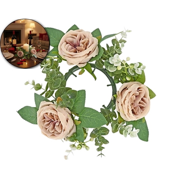 Artificial Rose Candle Rings, Floral Wreaths with Eucalyptus Leaves Greenery Garland for Pillar Candle Lantern Wedding Centerpiece Party Home Table Decor