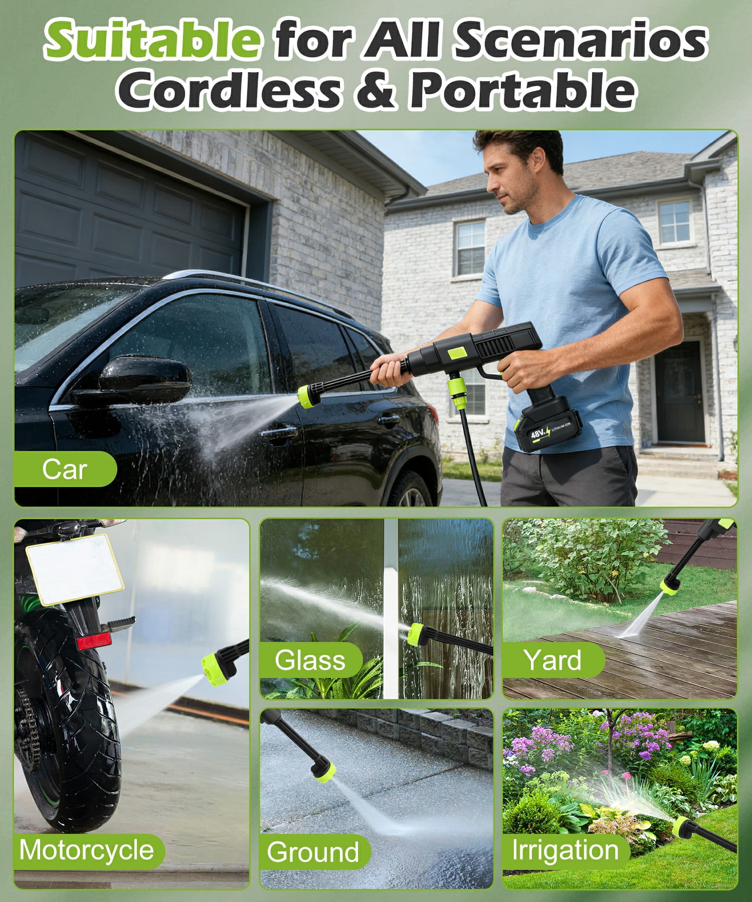 Furuoping Cordless High-Pressure Washer – 900 PSI Battery Operated Powered with 6-in-1 Nozzle,5 Meter Hose,for Car Washing, Yard Cleaning