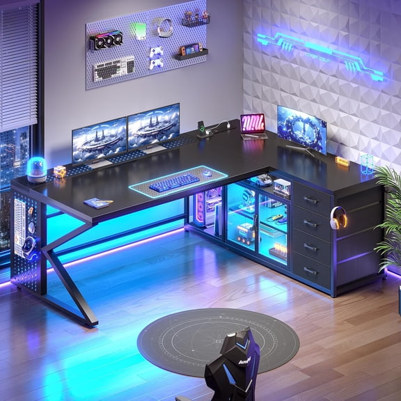 SEDETA 63" L Shaped Gaming Desk with 4 Drawers & Power Outlets, Large Corner Computer Desk with LED Lights, Acrylic Display Cabinet & Cable Management Tray for Home Office, Black