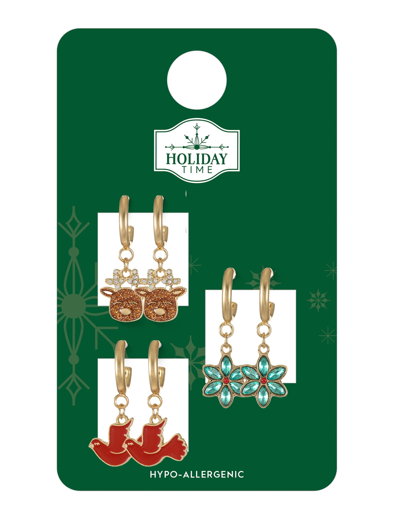 Holiday Time Goldtone Hoop and Christmas Charm Earrings, 3 Pairs