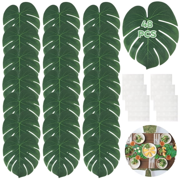 36PCS Artificial Palm Leaves, Faux Palm Leaf Table Runners with Dot Stickers, Artificial Tropical Monstera Table Decor, Large Green Fake Palm Leaves for Hawaiian Luau Party, Jungle Beach Theme Party