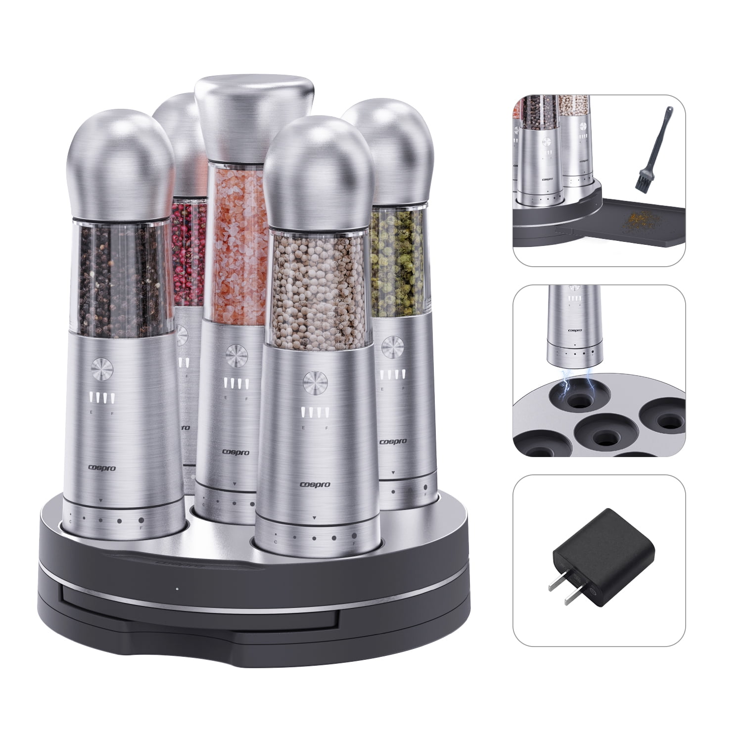 COSPRO 5-in-1 Wireless Charging Electric Salt and Pepper Grinder Set, Rechargeable Automatic Stainless Steel Spice Mill Set - One-Hand to Operate, Adjustable Coarseness, Easy Cleaning