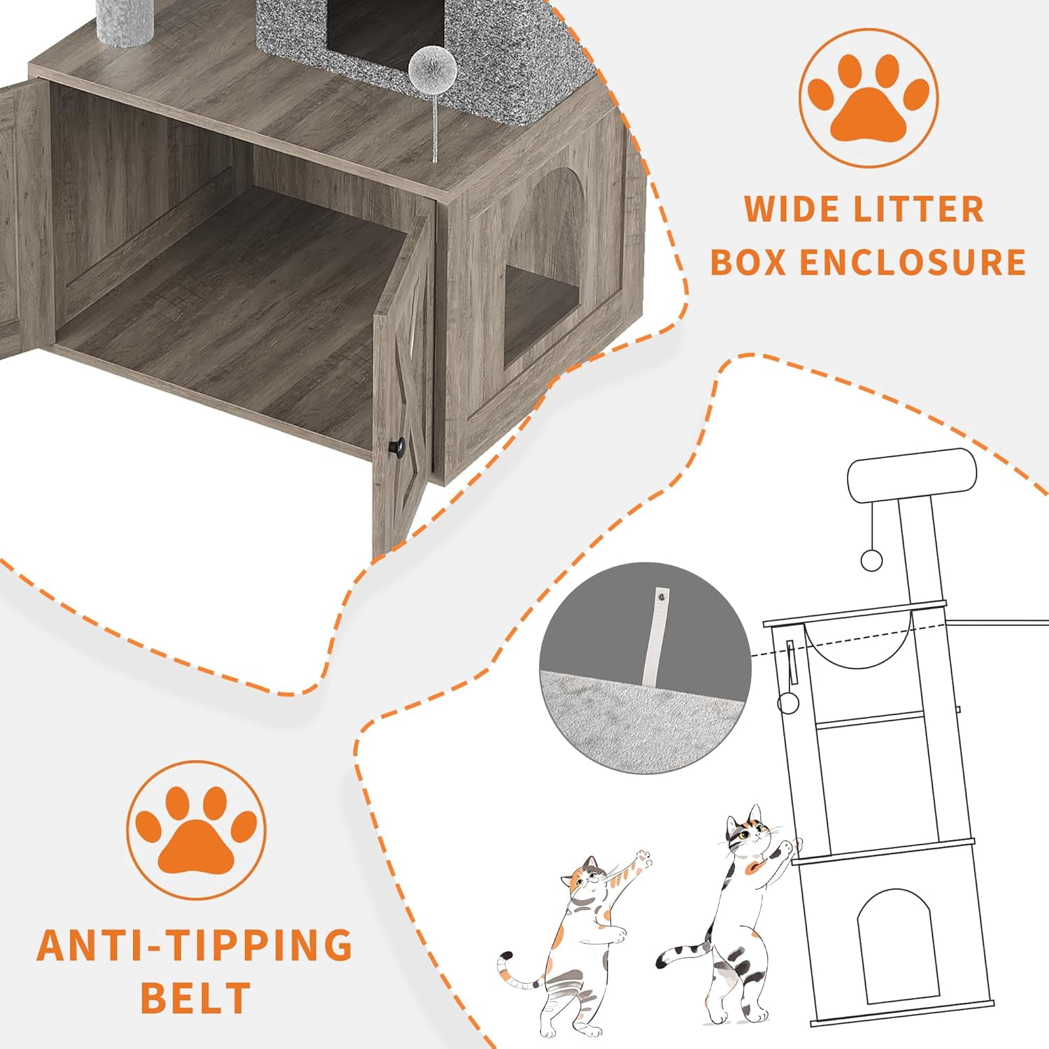 Cat Tree with Litter Box Enclosure, 2-in-1 Modern Cat Tower with Scratching Posts, Multiple Platform and Large Condo, Multilevel Indoor Kitten House, Grey