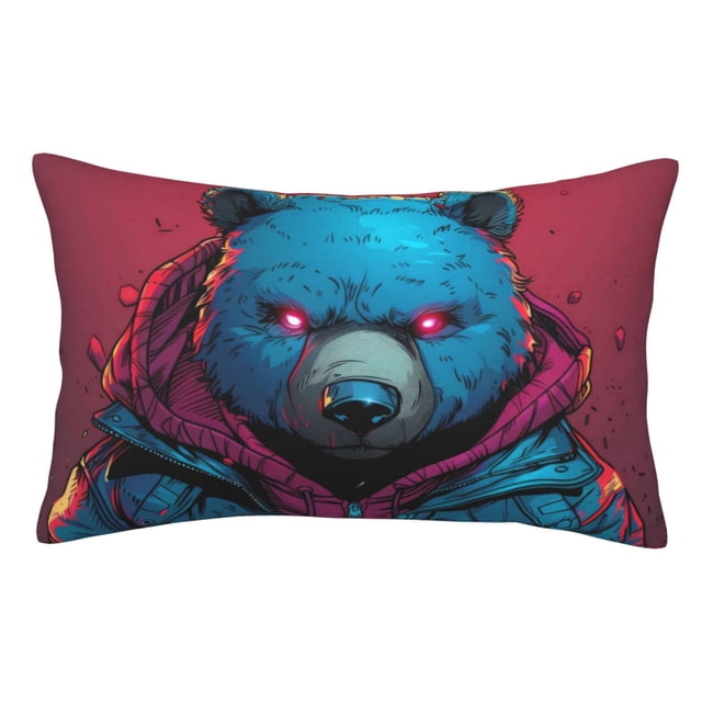 Fotbe Neon Cyberpunk Blue Bear Funda de Almohada Decorativa Estilo Occidental, Lujo en Algodón, Fundas para Almohadas King, Cojín Estampado para Decoración del Hogar-16"x24"