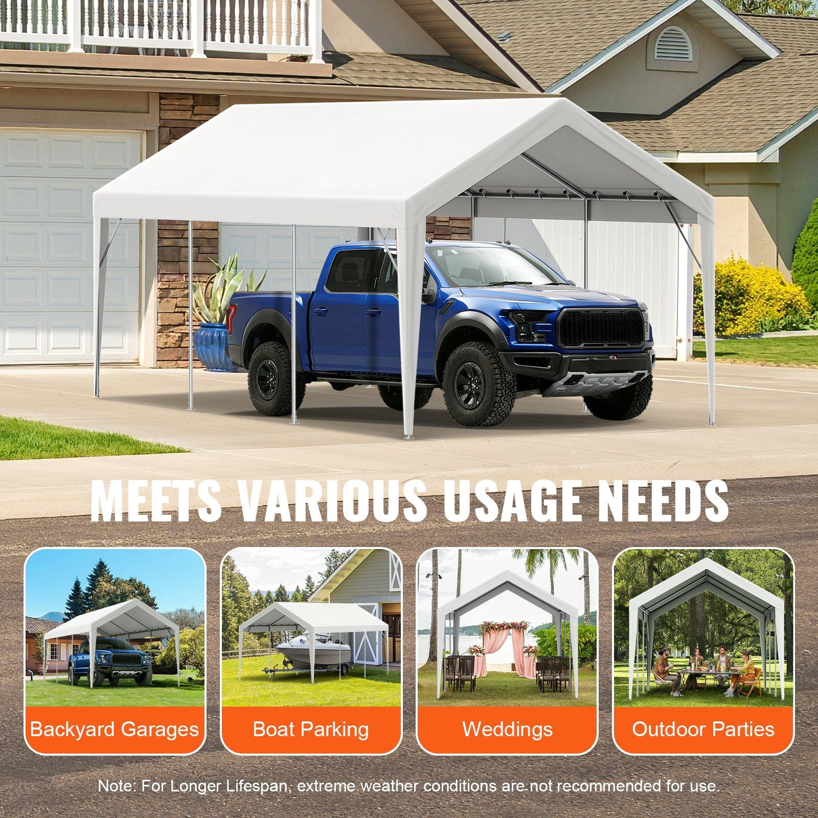 10x20 ft Carport Canopy Replacement Cover, Heavy-Duty Waterproof & UV Resistant, Fits Garage Shelter Tent, Includes Ball Bungees, White (Top Only, No Frame)