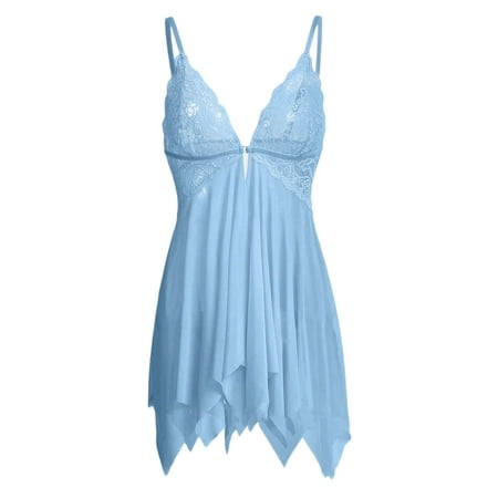 Babydoll Dress for Women  See Through Lingerie  Sexy Play Lace Chemise Underwear Exotic Mesh Nightgown Boudoir Outfits  Mesh Wedding Nightie  Blue(L)