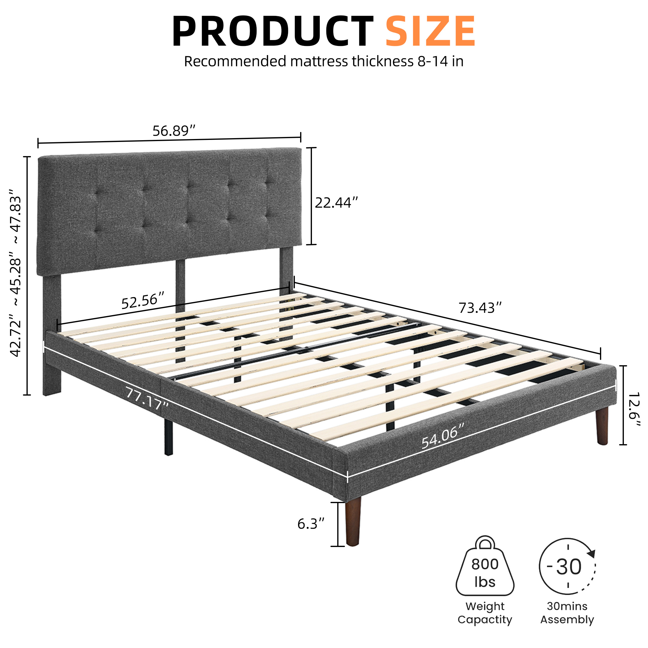 AENKYO Full Size Upholstered Platform Bed Frame, Tufted Low Profile Design with Adjustable Headboard, Gray