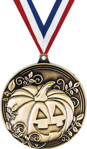 Halloween Pumpkin Medals - 2.25 Inch Glitter Award Medals With Free Glow Ribbon | Party Prizes & Keepsakes