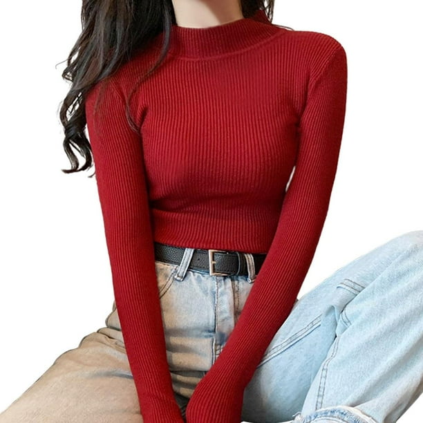 Suéter de mujer suave Suéter básico de manga larga Suéter cálido para Vino rojo Yuyangstore Suéter de punto de mujer