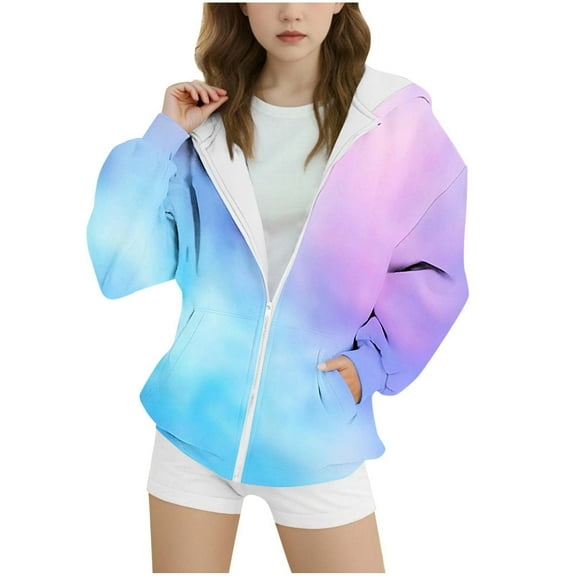 Fmbrln Girls and Boys Full Zip Up Fleece Hoodies Fall Winter Fashion Long Sleeve Gradient Print Sweatshirts Coat with Pockets, Sizes 4-14Y