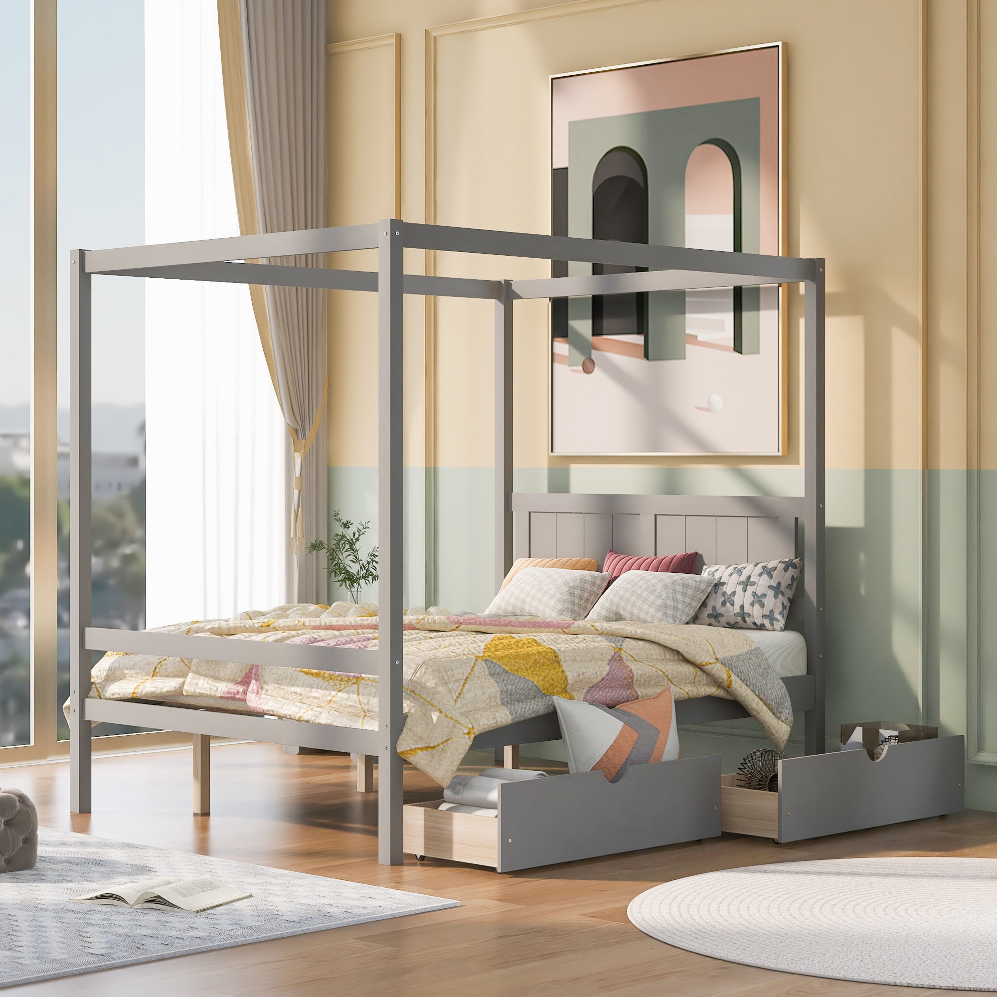 Canopy Platform Bed Full Size Wood Canopy Bed Frame With 2 Storage Drawers Headboard Footboard No Box Spring Needed Heavy Duty Full Canopy Bed For Kids Teens Adults 79 5 X 57 Canopy Platform Bed Full Size Wood Canopy Bed Frame With 2 Storage Drawers Headboard Footboard No Box Spring Needed Heavy Duty Full Canopy Bed For Kids Teens Adults 79 5 X 57