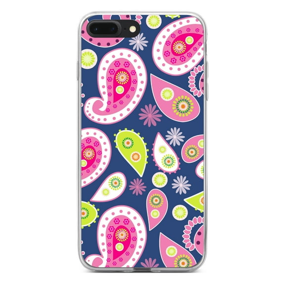 DistinctInk Clear Shockproof Hybrid Case for iPhone 7 PLUS / 8 PLUS (5.5" Screen) - TPU Bumper, Acrylic Back, Tempered Glass Screen Protector - Pink Green Navy Paisley