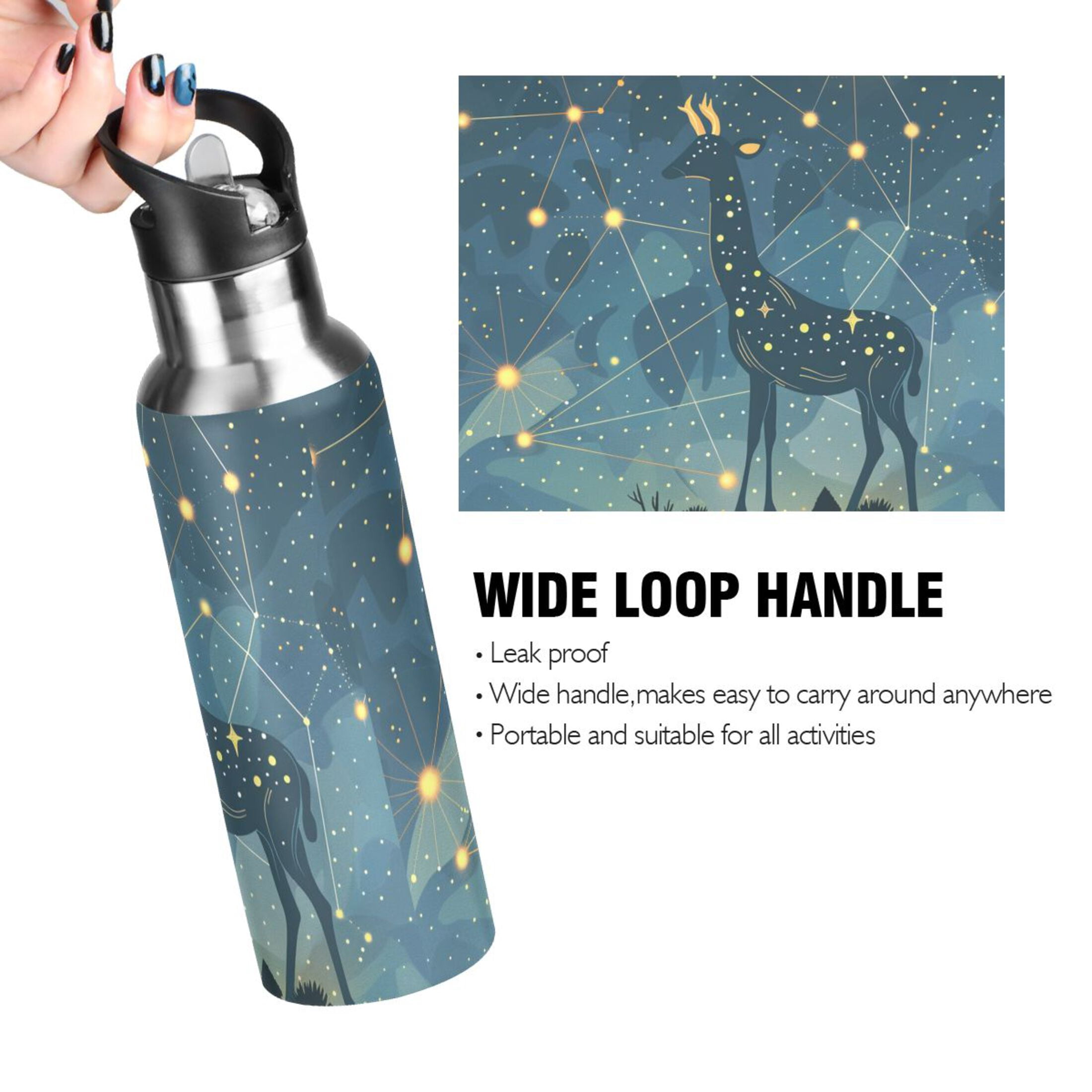 Constellation Deer Sports Bottle with Straw Stainless Steel Water Jug Portable Thermal Cup Leak-proof 600ML