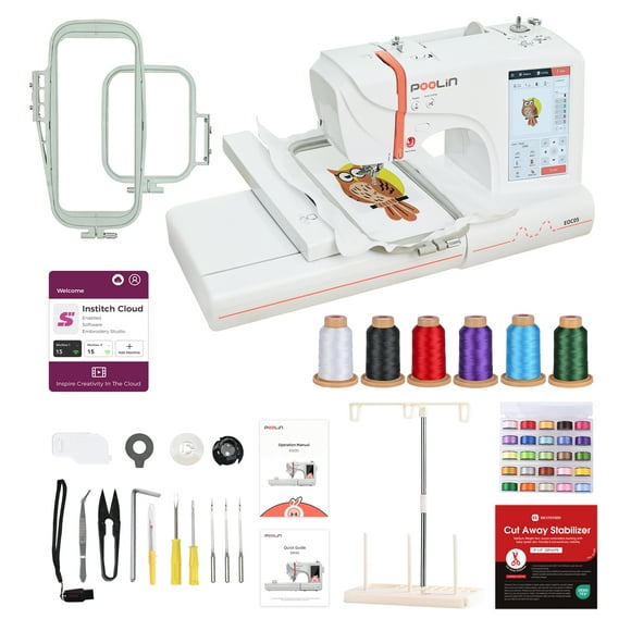 Poolin EOC05 Embroidery Machine 4 x 9.25 Inch Large Embroidery Area, Computerized 7 Inch Large LCD Touch Screen, Suitable for Beginners