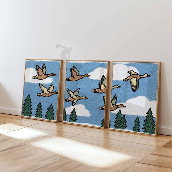 Flying Ducks Retro Nature Pop Birds Playful Blue Sky Wall Art Home Decor Office Wall Art Set 3