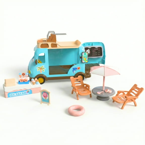 OLEOCA Family Ice Cream Truck Toy — Dessert Food Truck Playset with Cash Register, Chairs & Umbrella, Dollhouse Pretend Play Vehicle, Gift for Kids Ages 3 