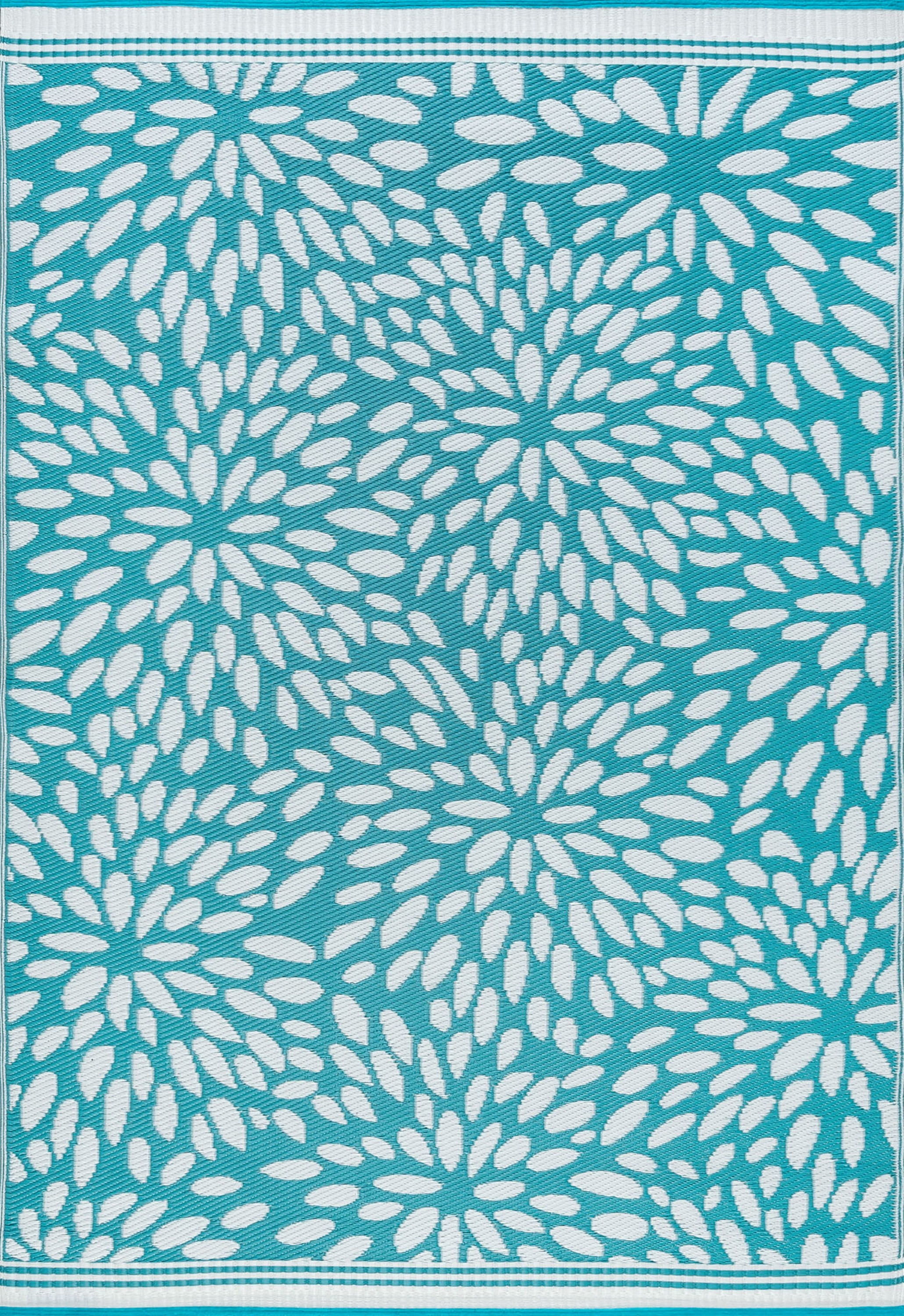 6x9 Reversible Aqua and White Polypropylene Outdoor Floral Area Rug