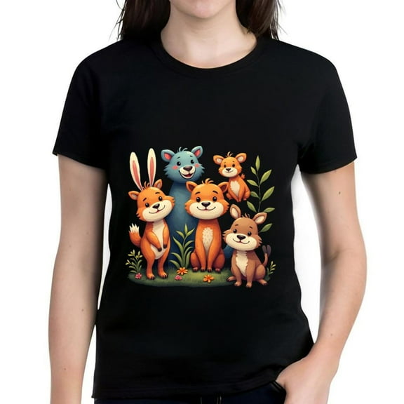 Cute Cartoon Animal Pattern Cotton Short Sleeve T-Shirt for Women - Blue Bear Rabbit Fox & Dog Design Tee Top