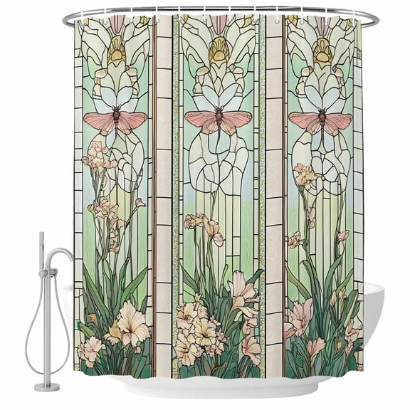 Decorative Shower Curtain Farmhouse Polyester Fabric Waterproof Bath Shower Curtains Bathroom Accessories Butterfly Flowers Shower Curtain 72x72 Inch for Home Hotel Vintage Stained Glass Green Spring