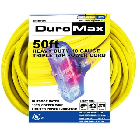 DuroMax XPC10050C 50-Foot 10 Gauge Triple Tap Extension Power Cord