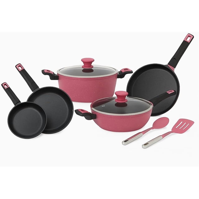Batería de Cocina Ready Cook Aluminio Antiadherente Rosa Tapa de Vidrio Templado y Salida de Vapor 9 pzas