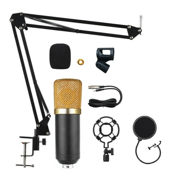 Studio Recording Condenser Microphone Kit with Shock Mount + Flexible Scissor Arm Stand + Pop Filter + Windscreen + Connection Cable for Network Broadcasting Online Singing