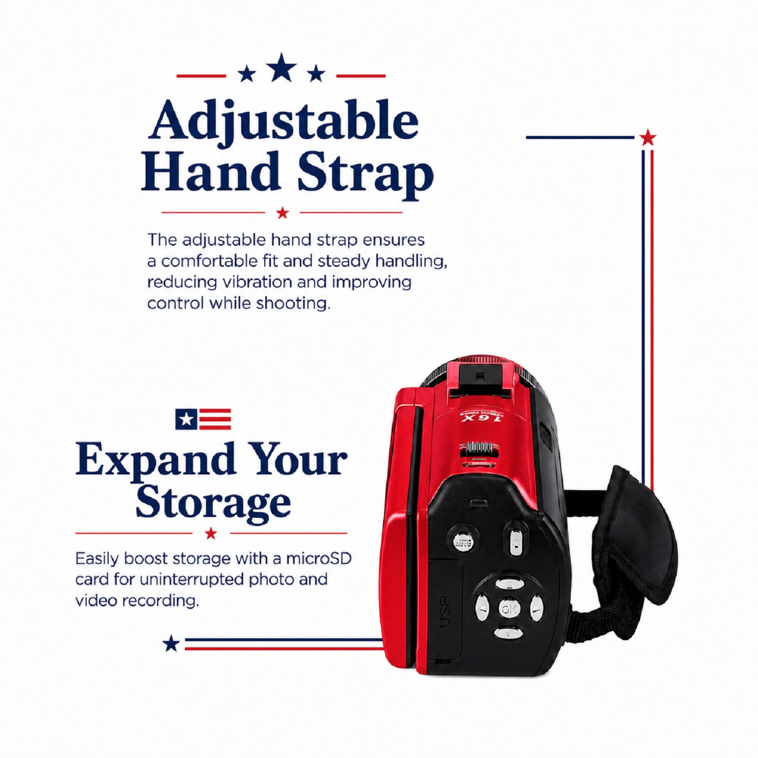 Vivitar PopCam America 250 Digital Camcorder – USA Celebration Edition, Old Glory Red, 48MP, Full HD 1080P Video, 3" Flip Screen, 16X Digital Zoom Camcorder with Built-in Mic for Vlogging & Travel