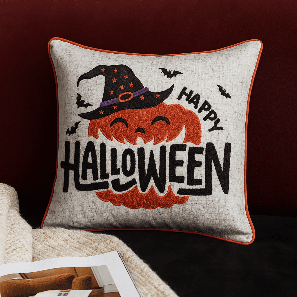 Happy Halloween Embroidered Throw Pillow 20x20 Inch with Pumpkin Witch Hat Bats for Sofa Bed Seasonal Decor