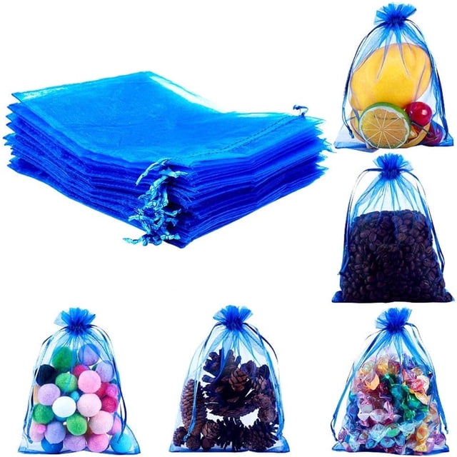 100 bolsas de regalo de 12,7 x 18,8 cm, azules, de organza transparente, con cordón de satén para recuerdos de baby shower, decoración de fiestas, bodas, cartas, joyas y regalos navideños para niños.