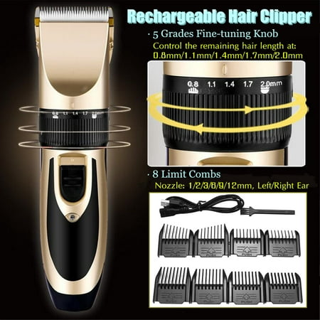 Cordless Rechargeable Beard Hair Trimmer Clipper 5 Fine-tuning Speed Shaver with 8 Combs Set Hair Styling Grooming Ceramic Blade for Men Baby Kids Home