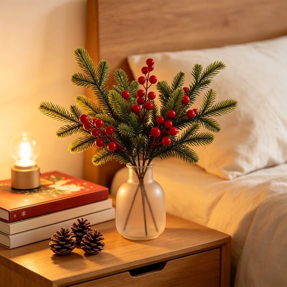 Gleefy Artificial Red Berry Christmas Branch, Faux Winter Branch Bunch for Vase, Table Centerpiece, Mantel, Indoor Home Decor