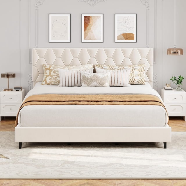 Bed Frame King Size with Adjustable Headboard, Upholstered Platform Bed with Sturdy Wood Slats Support, No Box Spring Needed, Easy Assembly, Beige
