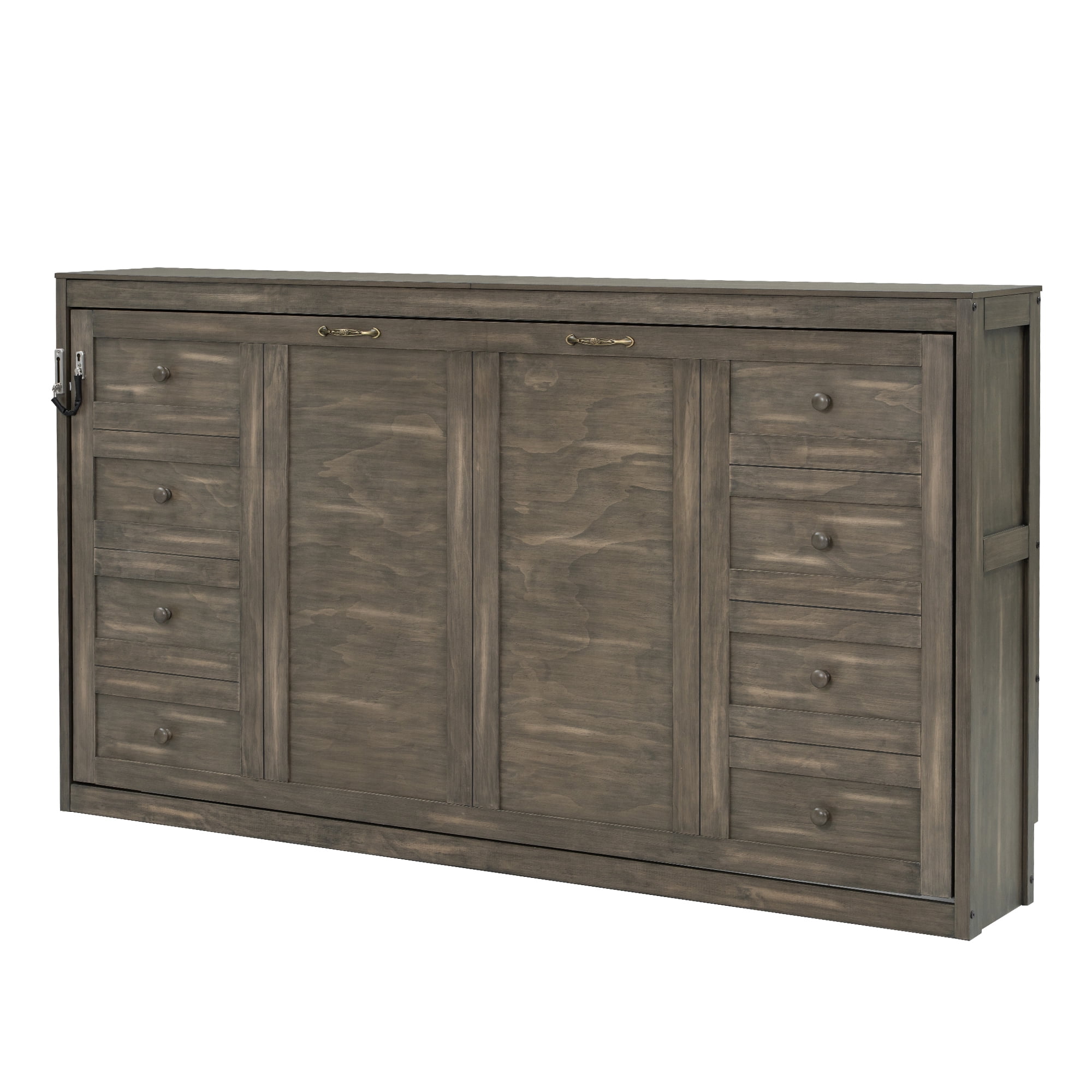 Euroco Wood Twin Size Murphy Bed with LED Light and Desktop, Storage Cabinet Wall Bed, Brown