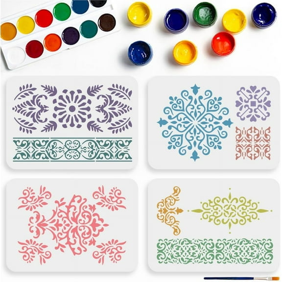 4pcs A4 Mandala Stencil 11.7×8.3inch with Paint Brush 9 Types Vintage Mandala Border Patterns Reusable Furniture Stencils for DIY Mandala Art Craft Wood Floor Wall Tile Fabric