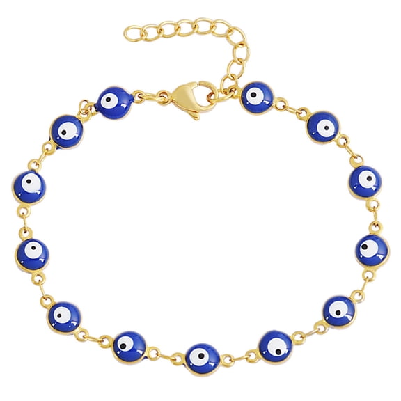 Edforce Stainless Steel Women's Charm Bracelet Green | Gold Enamel Evil Eye Protection Link Chain Adjustable, 8" (Navy Blue, Stainless-Steel-and-Gold)
