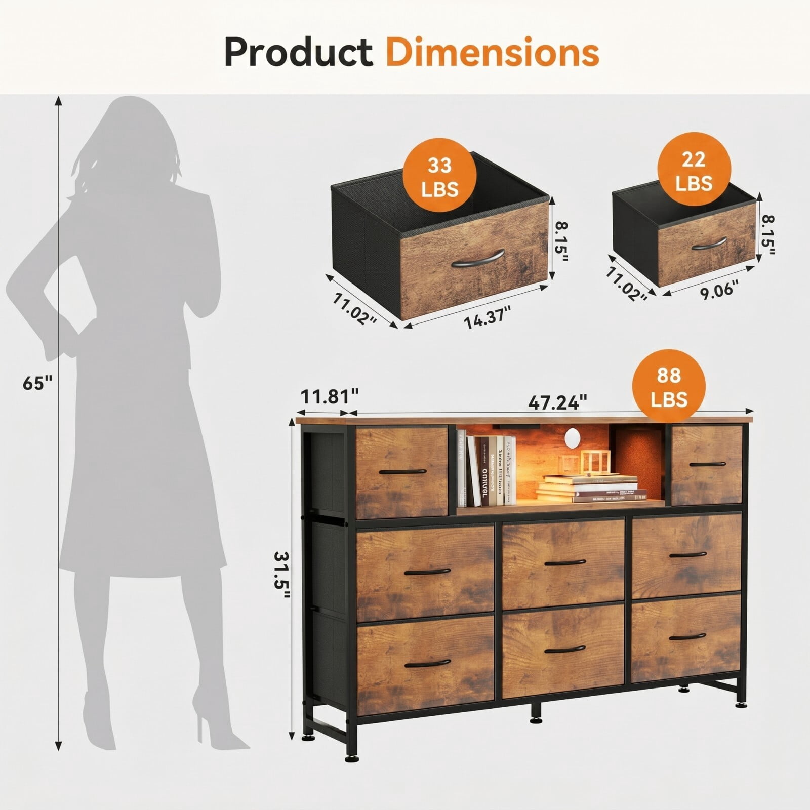 BEAUTYPEAK TV Stand Dresser with 8 Fabric Drawers LED Light Open Shelf AC & USB-C Charging Station, Rust