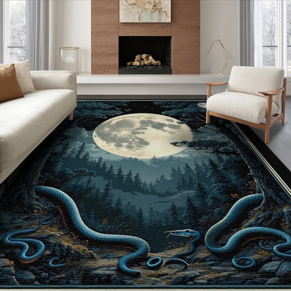 ODIKA 8'x10' Washable Area Rug Gothic Serpentine Snake Forest Mystical Symbols Whimsy Tattoo for Living Room, Under Sectional, Family , Durable, Non-Slip