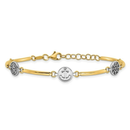 Diamond2Deal 14K Two-Tone Gold Compass and Anchor with 1in ext. Link Chain Bracelet for Women 7"