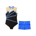 thumbnail image 3 of Yeahdor Kids Girls Gymnastics Dance Outfit Metallic Striped Leotard Sheer Mesh Patchwork Bodysuit with Metallic Shorts Royal Blue 12, 3 of 7