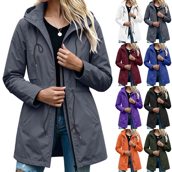 Waterproof Jackets for Women, Long Sleeve Hooded Windbreaker Outerwear with Drawstring Waist & Pockets, Outdoor Travel Wear | VerBelle,Army Green L