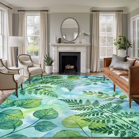 Tropical Leaves Area Rugs 5'x7', Washable Small Throw Rugs for Laundry Room Playroom, Summer Botanical Watercolor Leaf Indoor Outdoor Rug Non-Slip Low Pile Carpet Runner Reversible Floor Mats