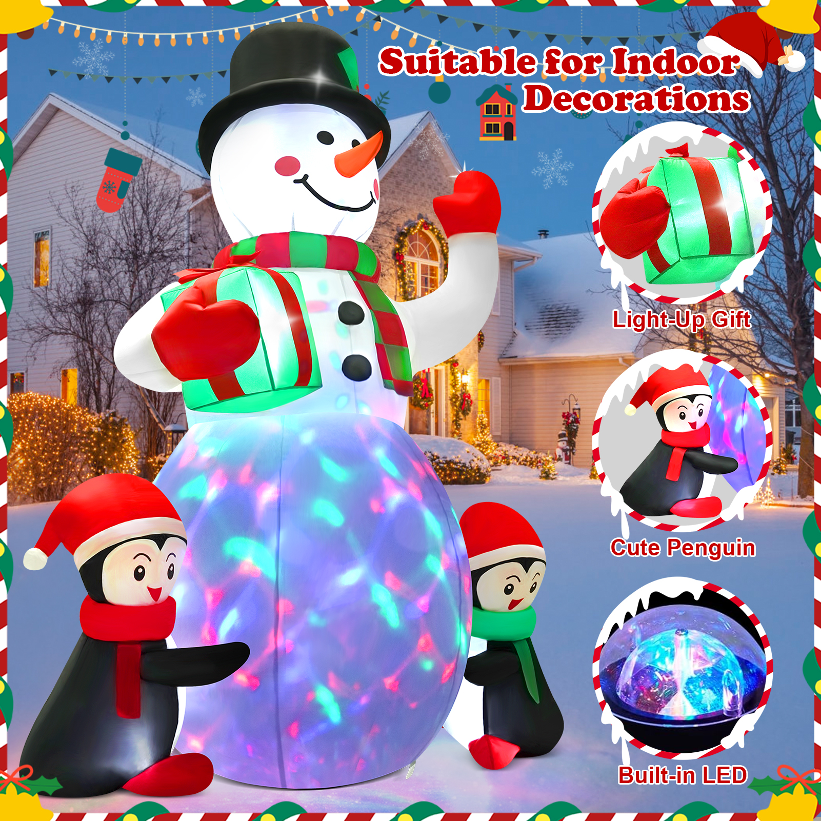 Yexmas 6.3-Foot Inflatable Snowman with Penguins & Rotating Lights photo 7