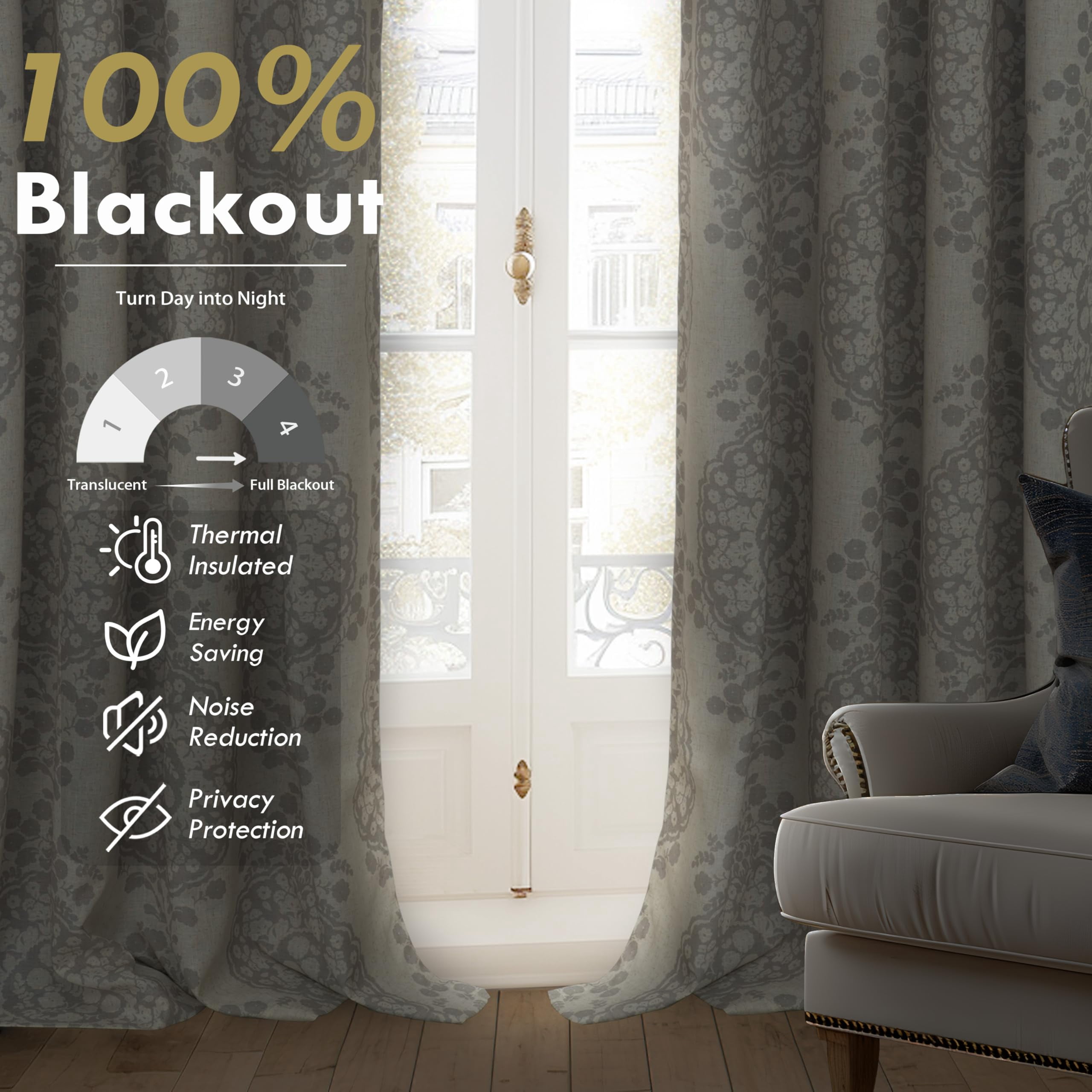 DriftAway Damask Curtains Gray Room Darkening Curtains for Bedroom 84 inch Grommet Thermal Drapes for Living Room French Country Farmhouse Medallion Damask Window Treatments 2 Panels Linen Gray