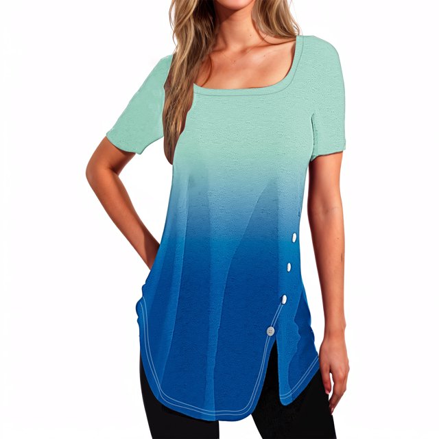 Plebaso Womens Summer Shirts Short Sleeve Gradient Tunic Tops Square Neck Dressy Loose Blouses with Split