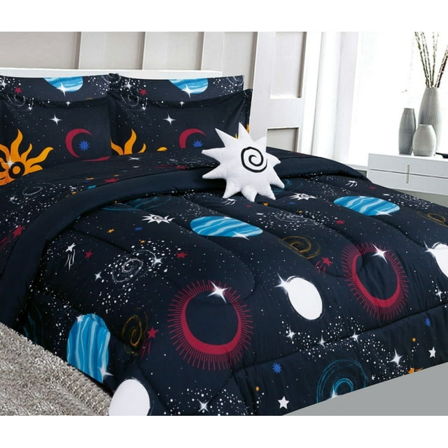 Edredón tamaño twin de 6 piezas para niños, niño y niña, diseño estampado, juego de cama en bolsa con fundas, sábana/sábana ajustable, edredón y almohada de juguete, espacio n.° 2, planetas, ropa de
