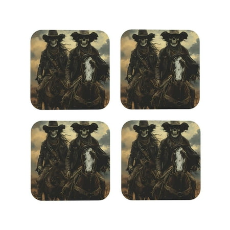 

Tebeau Western Desert Skull Cowboy Print Set of 4 Leather Drink Coasters Round Cup Mat Pad for Home and Kitchen Use 4 -Square