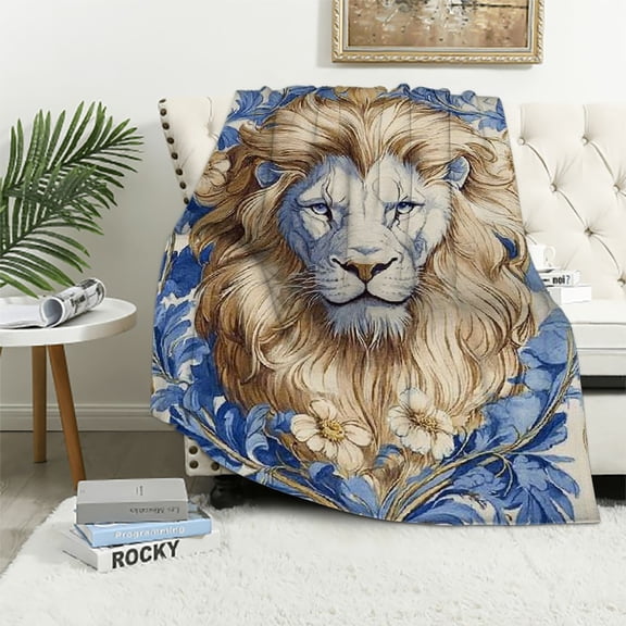 BCIIG Royal Lion Blanket for Adults Men Women, Blue Gold Elegant Floral Lions Flannel Throw Blankets for Sofa Office Chair Bed Decor, Cozy Lightweight Warm Soft Throws 40x50in