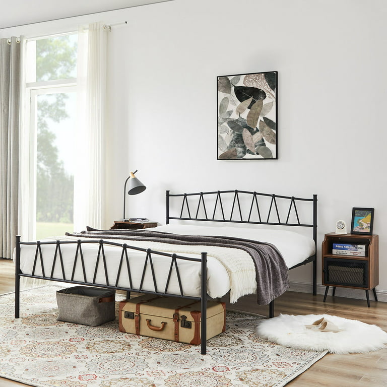 VECELO Queen Metal Bed Frame, Heavy Duty Platform Bed with Victorian Style Headboard and Footboard, No Box Spring Needed, Black