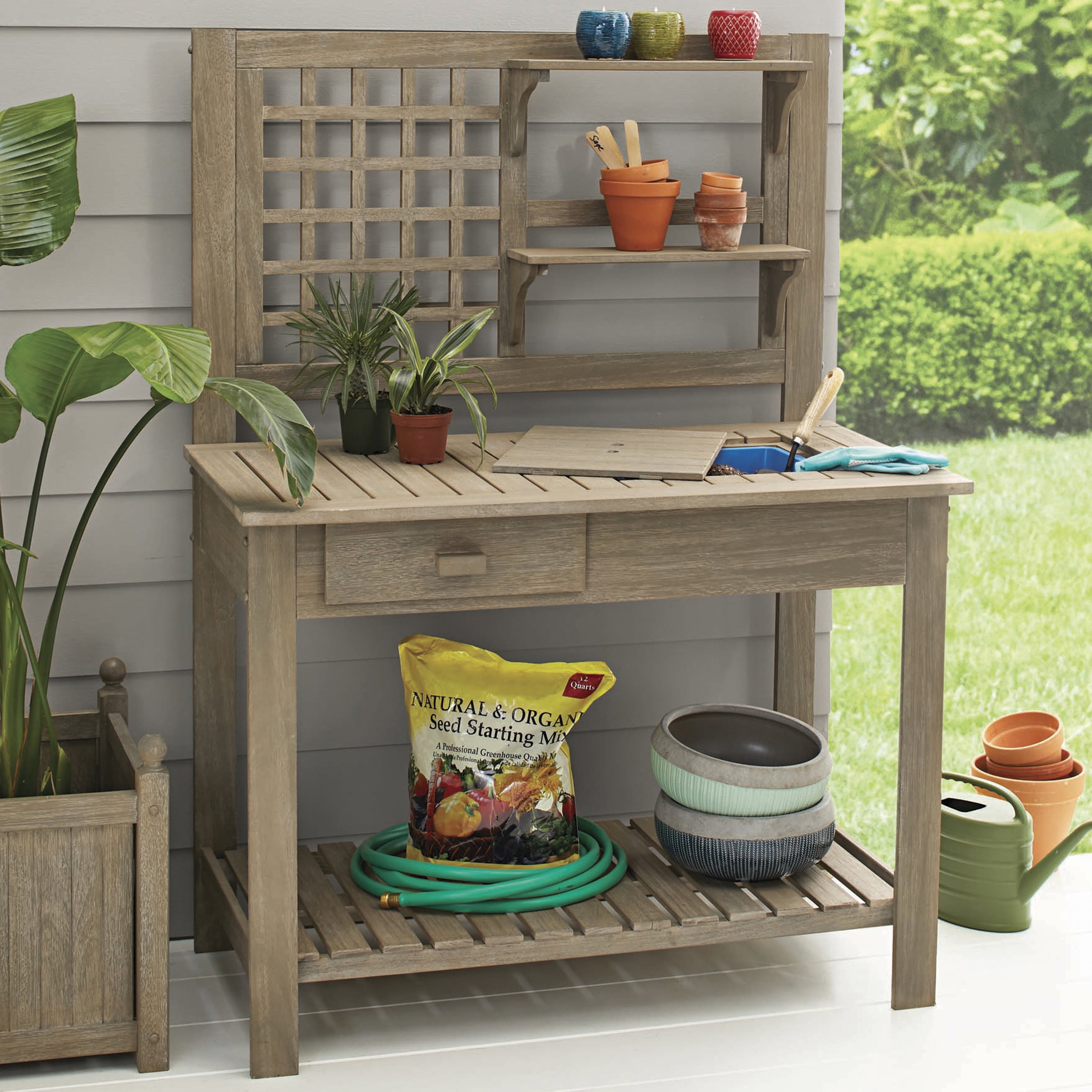 Better Homes Gardens Camrose Farmhouse Outdoor Gray Color Potting Bench Walmartcom Walmartcom