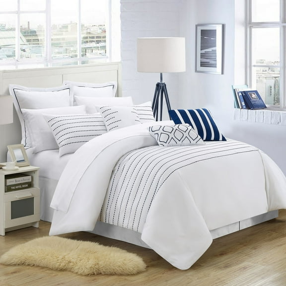 Chic Home Karlston 9-Piece Embroidered Comforter Set, Queen, White